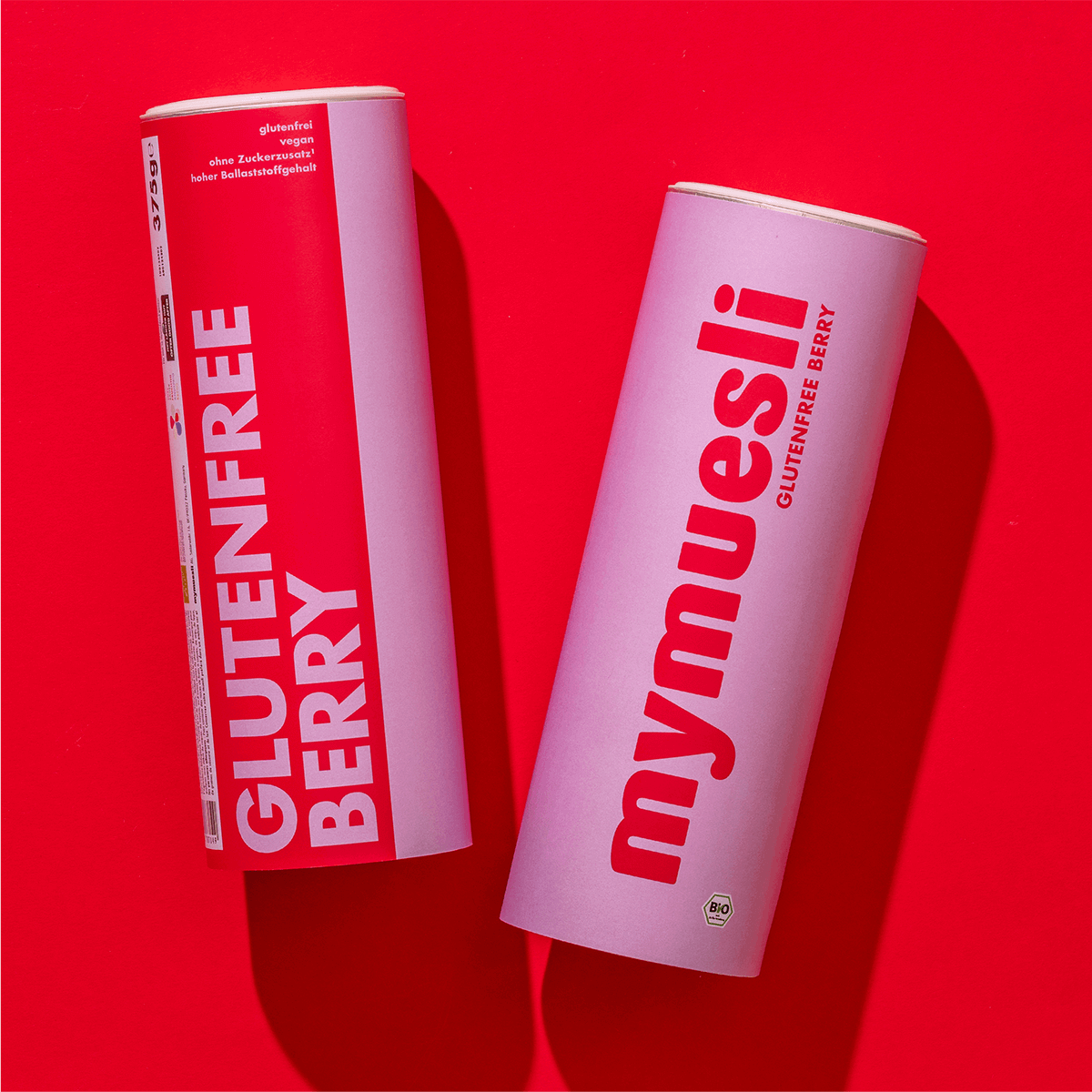 mymuesli Bio Glutenfree Berry Müsli Dose von vorne und seitlich