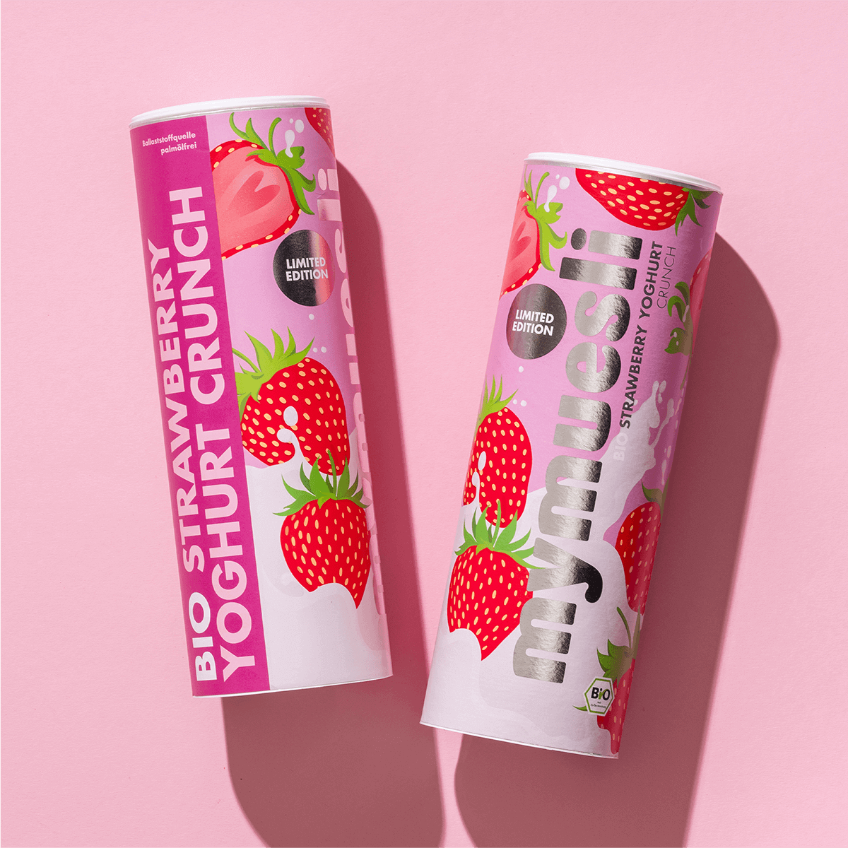 mymuesli Bio Strawberry Yoghurt Crunch Dose von Vorne und von der Seite