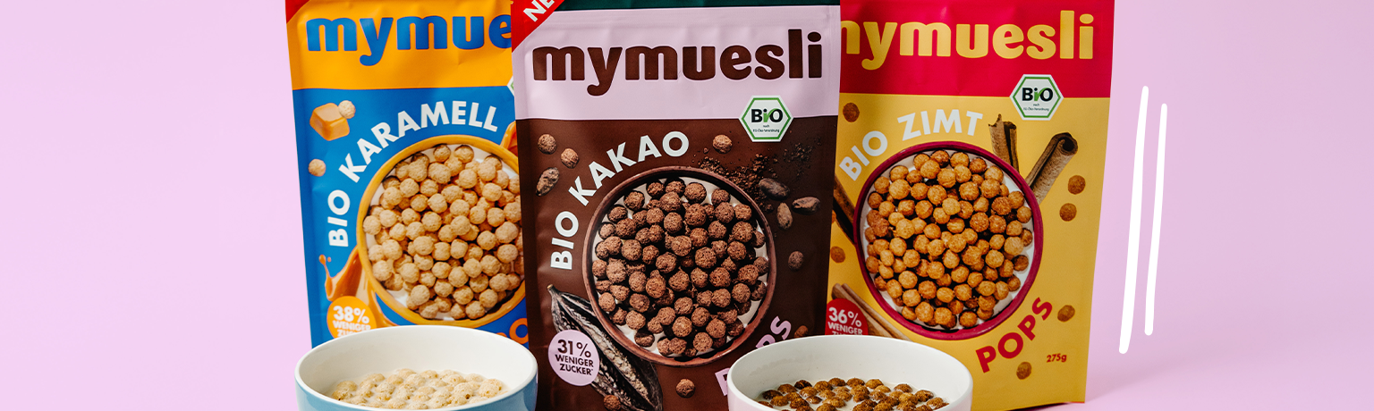 mymuesli Bio Cerealien - Kakao Pops, Zimt Pops und Karamell Pops - jetzt entdecken!