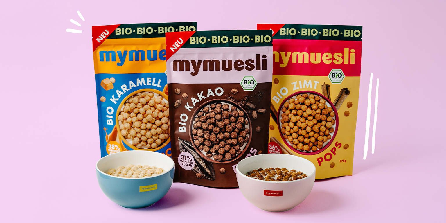 mymuesli Bio Cerealien - Kakao Pops, Zimt Pops und Karamell Pops - jetzt entdecken!