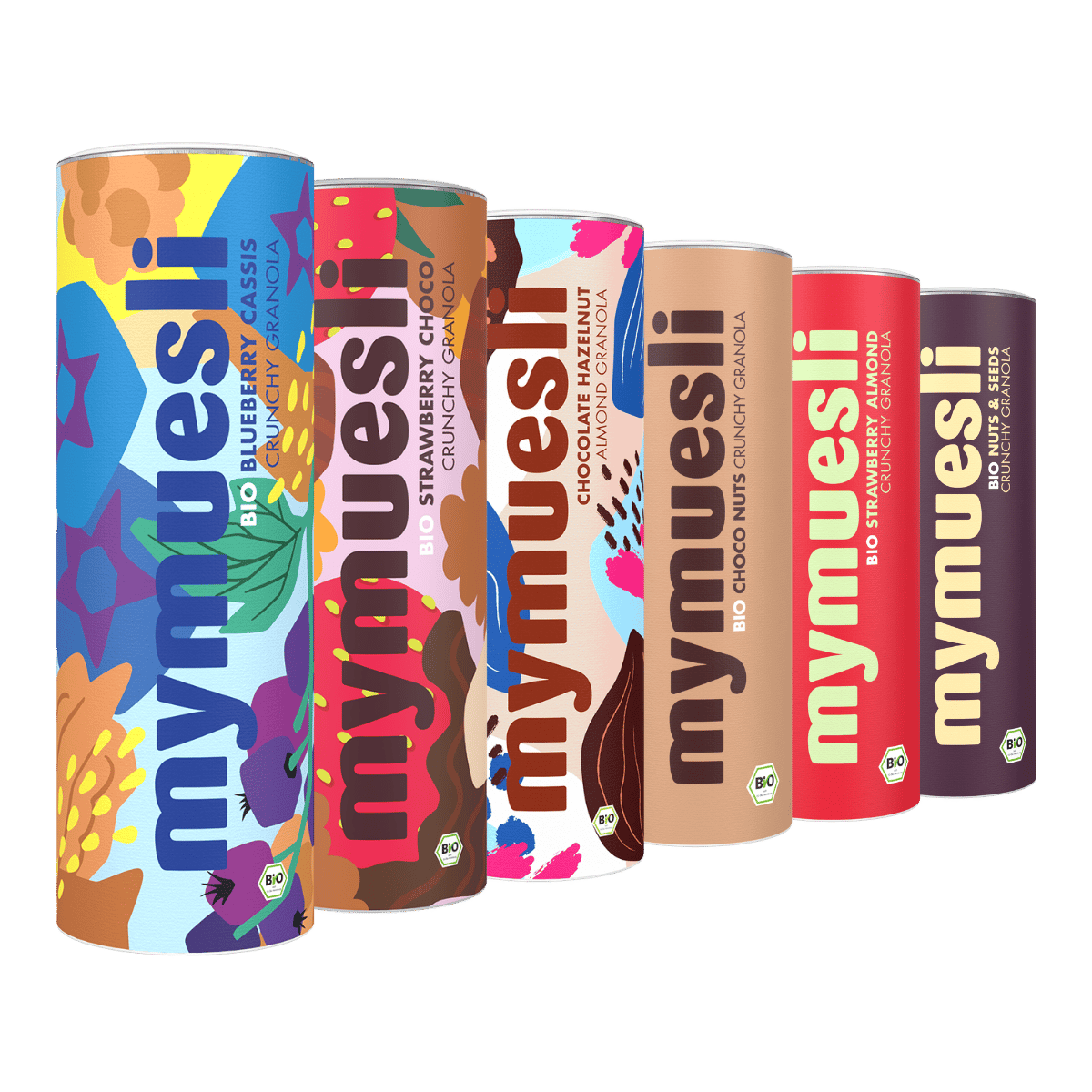 Big Granola Paket bestehend aus 6 Bio Granolas: Blueberry Cassis Crunchy Granola, Strawberry Choco Crunchy Granola, Chocolate Hazelnut Almond Granola, Choco Nuts Crunchy Granola, Strawberry Almond Crunchy Granola und Nuts and Seeds Crunchy Granola