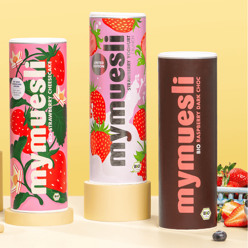 Das Frucht Lover Paket: Strawberry Cheesecake, Strawberry Yoghurt Crunch und Raspberry Dark Choc Müsli