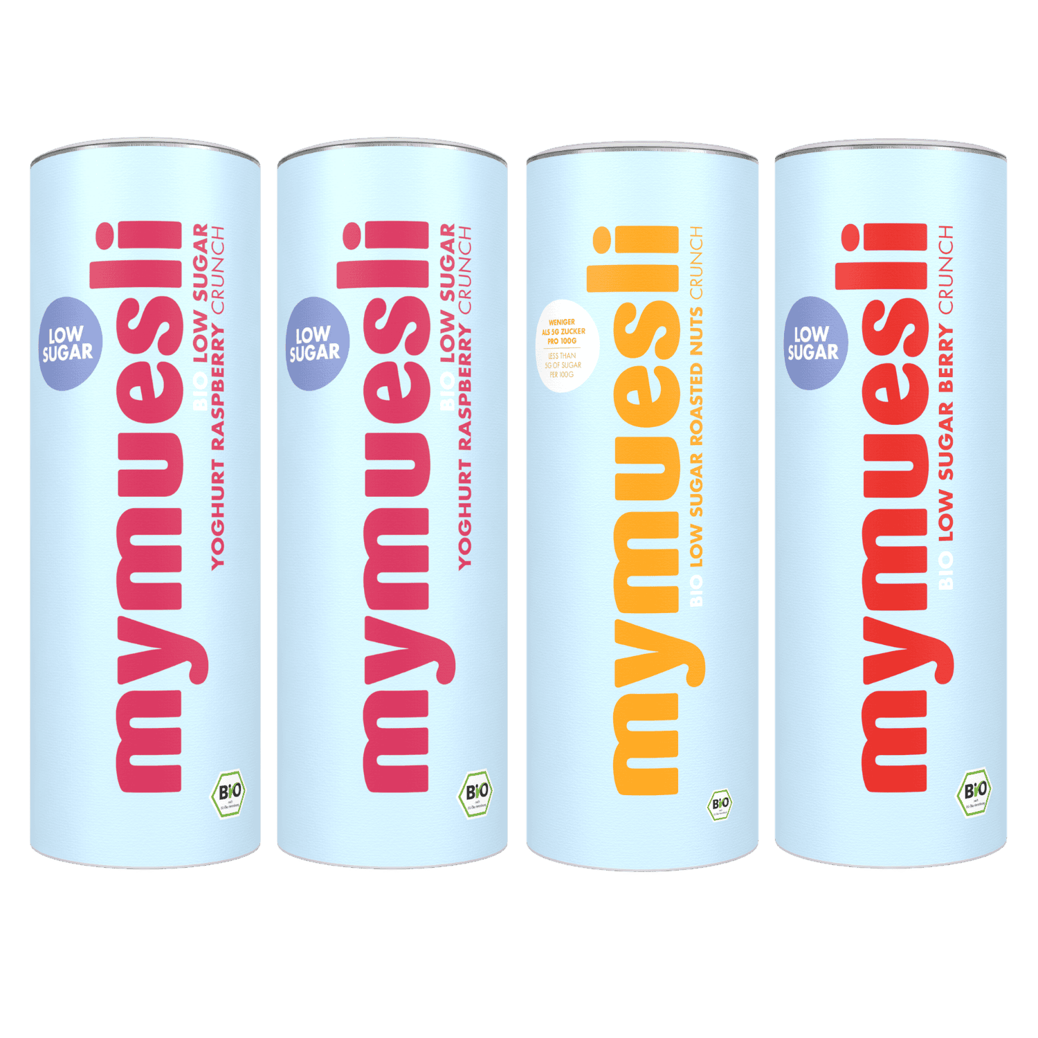 Das Low Sugar Crunch Probierpaket bestehend aus Low Sugar Crunch Sorten Yoghurt Raspberry, Roasted Nuts, Choco und Berry. 