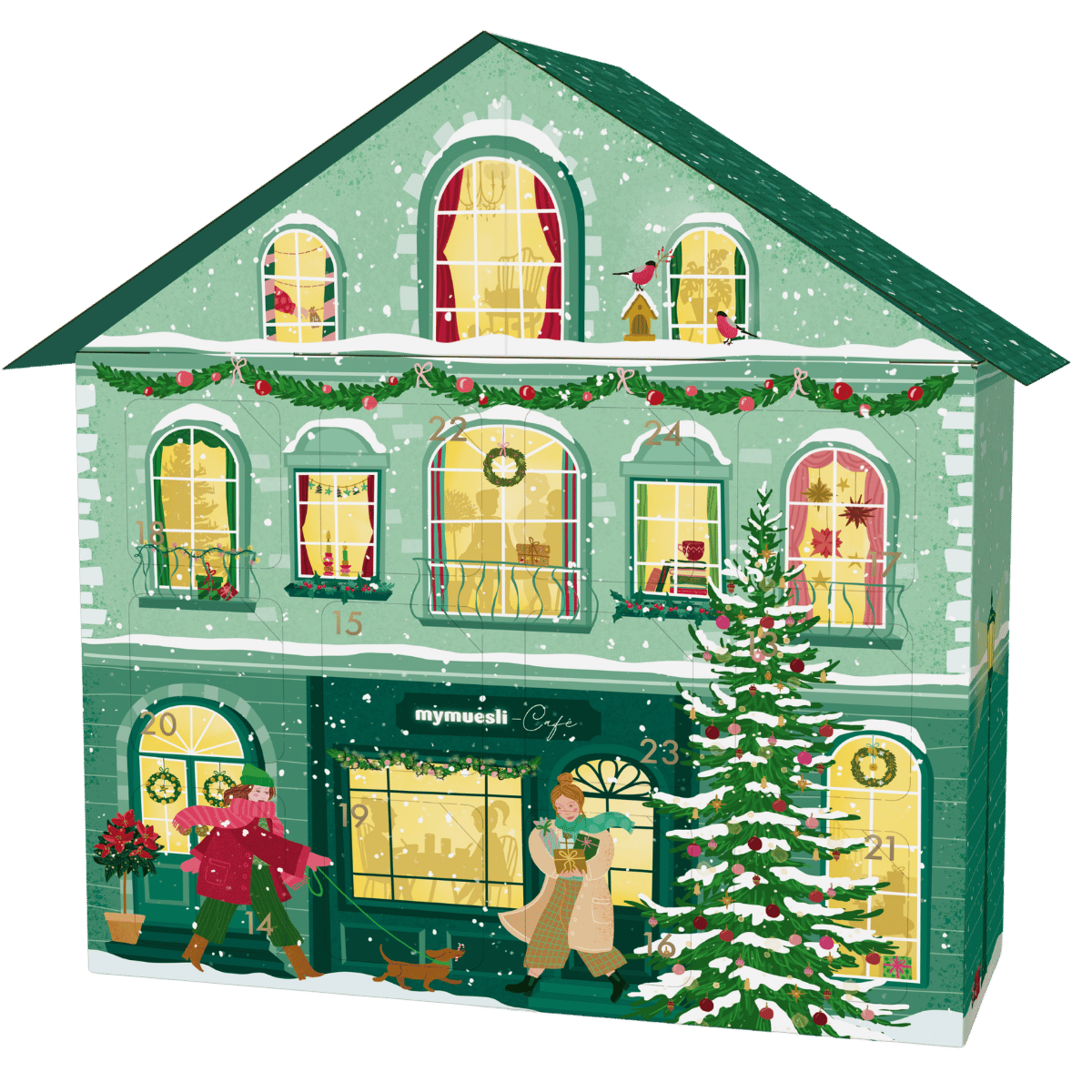 Abbildung des Adventskalenderhauses. Das grüne Haus zeigt verschiedene Personen in einer winterlichen Welt