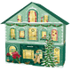 Abbildung des Adventskalenderhauses. Das grüne Haus zeigt verschiedene Personen in einer winterlichen Welt