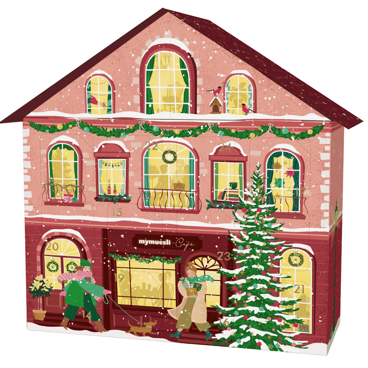 Abbildung des Adventskalenderhauses. Das rote Haus zeigt verschiedene Personen in einer winterlichen Welt