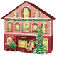 Abbildung des Adventskalenderhauses. Das rote Haus zeigt verschiedene Personen in einer winterlichen Welt