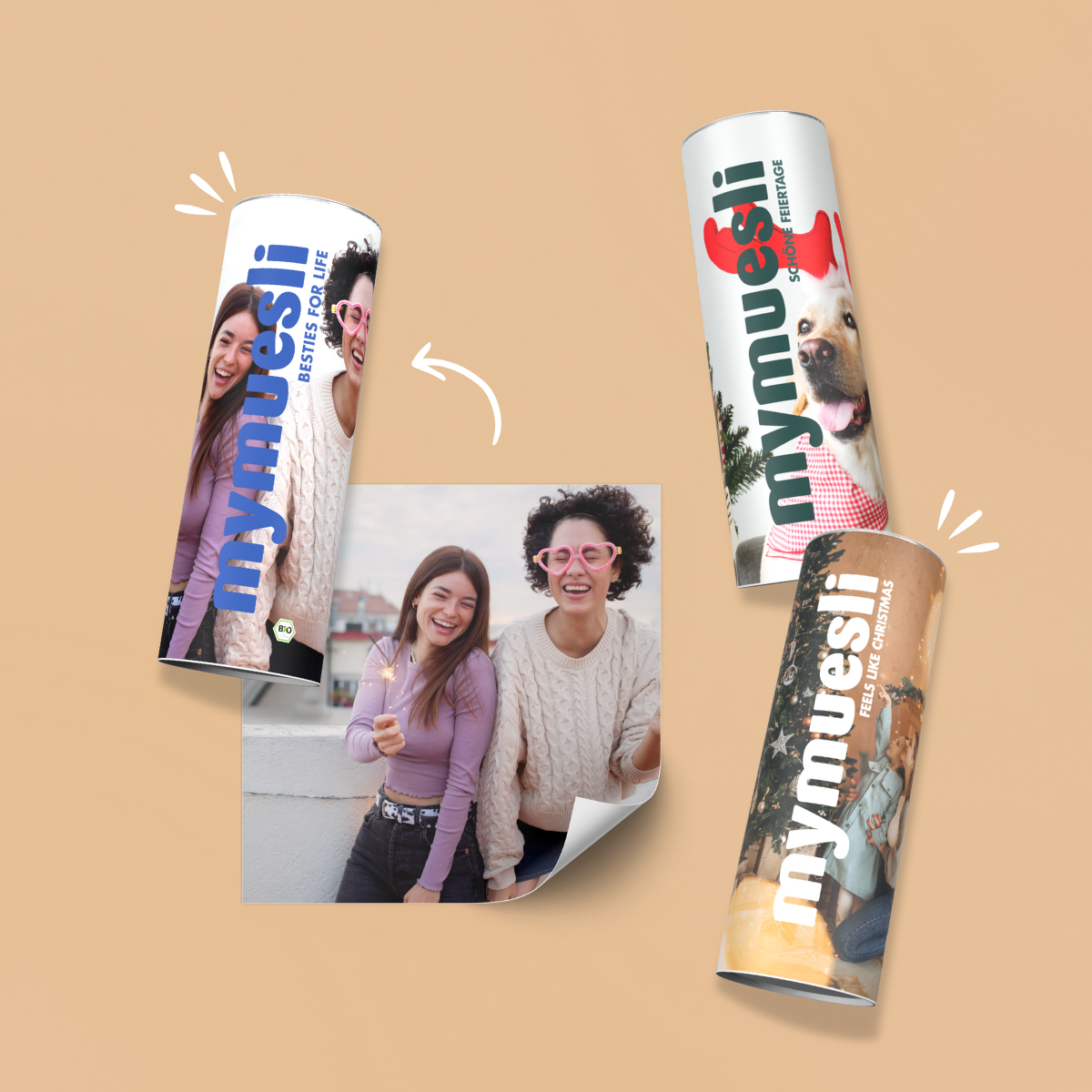 Beispiele von individuell gestalteten Foto Dosen mit persönlichen Bildern und selbst benannten Namen für den Müsli Mix. Präsent ist ein Foto zweier Freundinnen, auf einer Müslidose. Benannt ist das persönliche Müsli mit: Bestie for Life. 