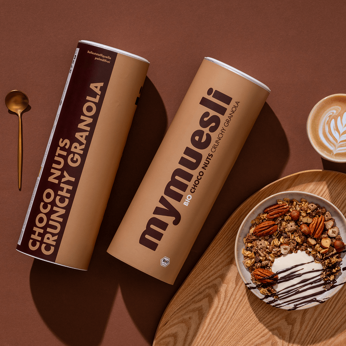 mymuesli Bio Choco Nuts Crunchy Granola Dosen mit Müslischüssel