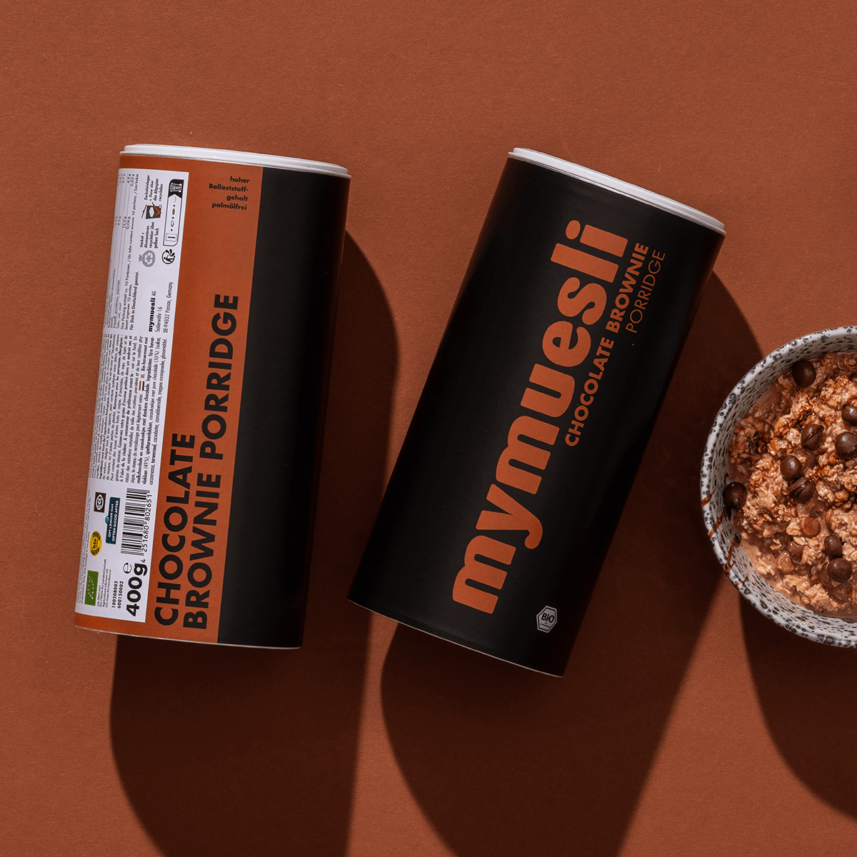 mymuesli Bio Porridge Chocolate Brownie Dosen mit Porridgeschale