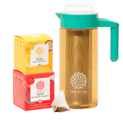 Tree of Tea Ice Tea Pitcher Set bestehend aus Ice Tea Mango Passionfruit, Ice Tea Watermelon Strawberry und dem Tree of Tea Ice Tea Pitcher in türkis.
