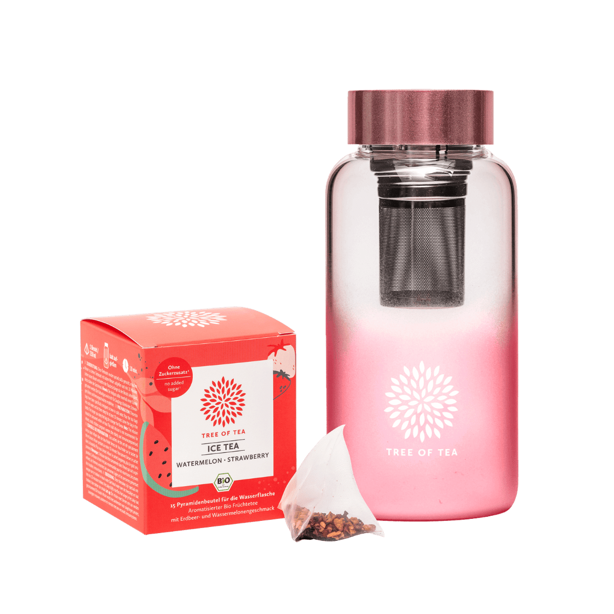 Tree of Tea Ice Tea Starter Set bestehend aus Ice Tea Watermelon Strawberry und der Tree of Tea Ice Tea Bottle in rosa.