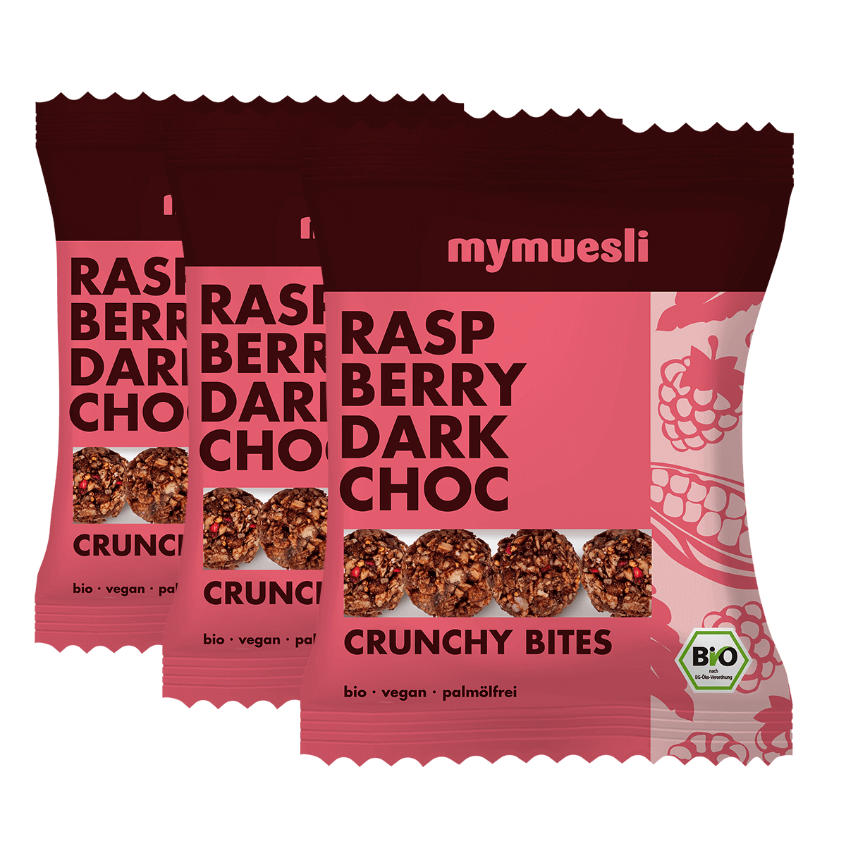 mymuesli Bio Raspberry Dark Choc Crunchy Bites Verpackungen