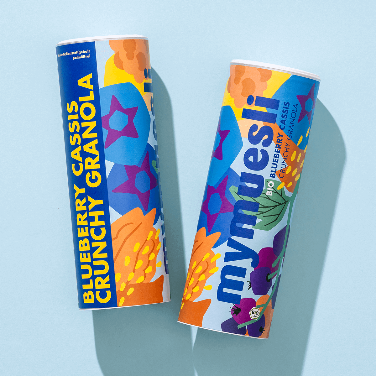 mymuesli Bio Blueberry Cassis Crunchy Granola Dosen von Vorne und von der Seite