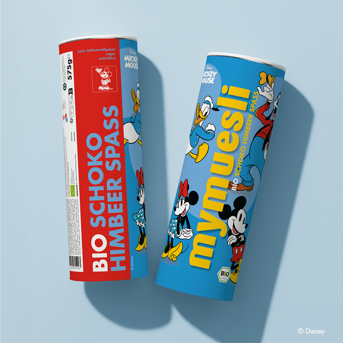 mymuesli Bio Disney Schoko Himbeer Spaß Dose von Vorne und der Seite