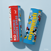 mymuesli Bio Disney Schoko Himbeer Spaß Dose von Vorne und der Seite