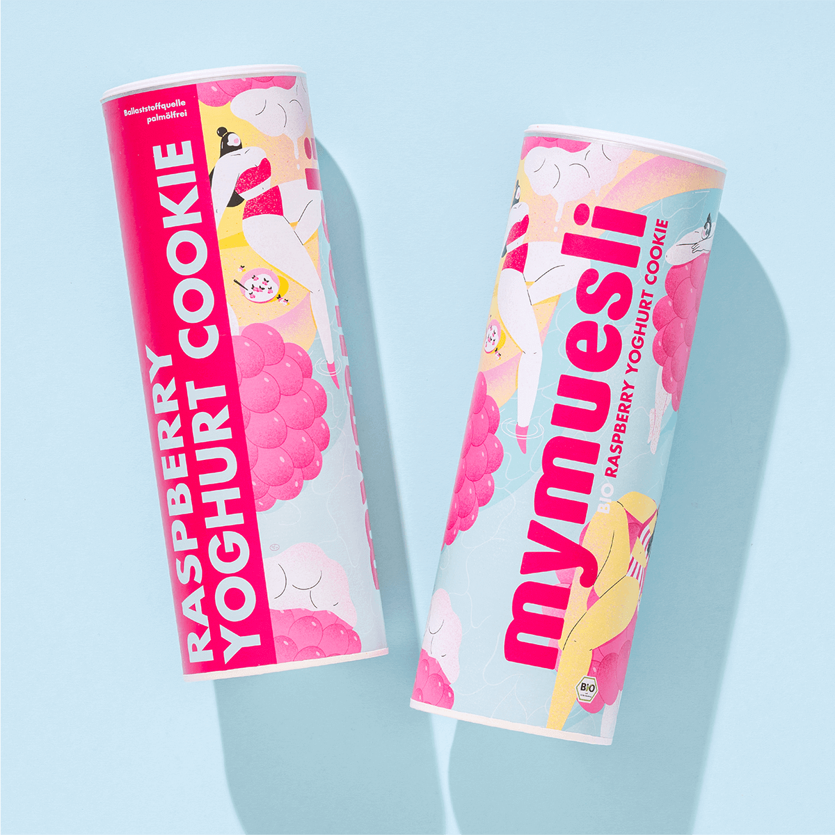 mymuesli Bio Raspberry Yoghurt Cookie Dosen von Vorne und von der Seite