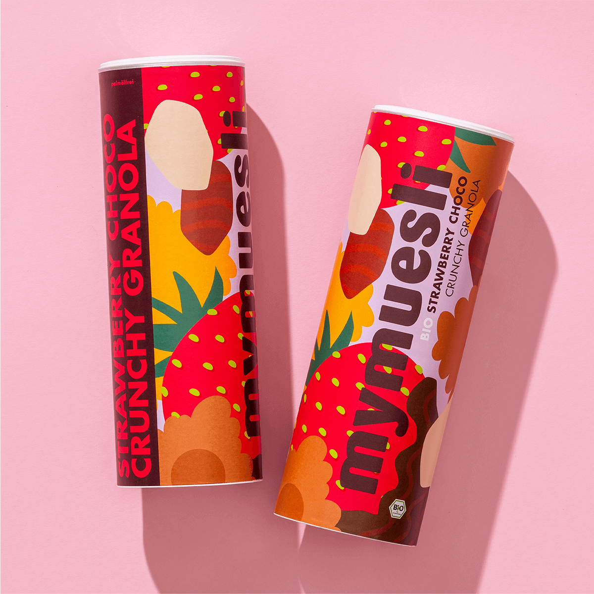 mymuesli Bio Strawberry Choco Crunchy Granola Dose von Vorne und von der Seite