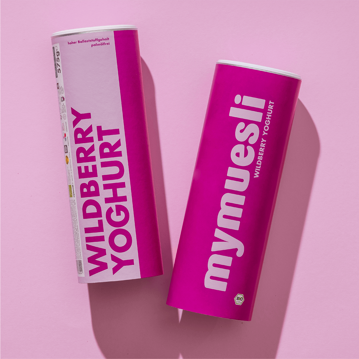 mymuesli Bio Wildberry Yoghurt Müsli Dosen von Vorne und der Seite