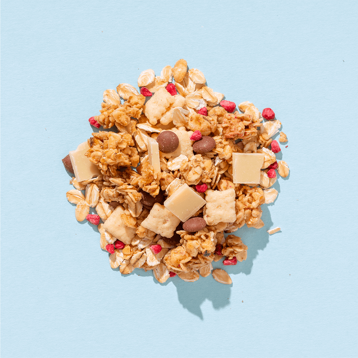 mymuesli Bio Raspberry Yoghurt Cookie mit Hafer Crunchy Cluster, Mini Cheesecake Keksen, Vollmilch Schokolade, Joghurtplättchen und gefriergetrocknete Himbeeren