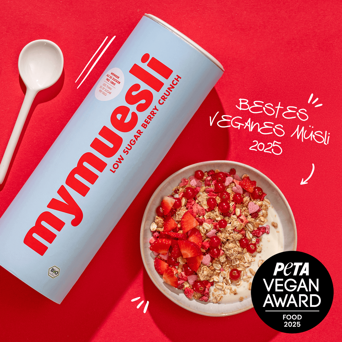 mymuesli Bio Low Sugar Berry Crunch Peta Auszeichnung für bestes veganes Müsli 2025