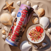 Disney Vaiana Müsli Dose neben einer Schale Vaiana Müsli mit Joghurt und Erdbeeren im Sand liegend mit Muscheln und Steinen herum