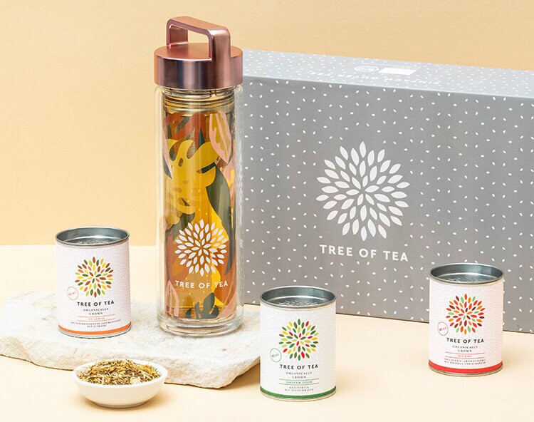 Tree of Tea Teeflasche in sommerlichem Design und 3 Teeminis in einer Geschenkbox