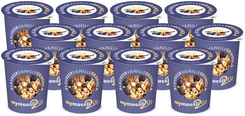 Bio-Granola mit Blaubeeren im praktischen Portionsbecher.